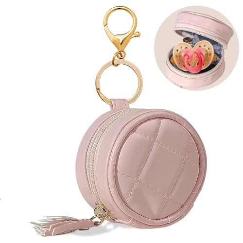 Image of Smlpuame Pacifier Holder Case with Clip,PU Leather Pacifier Charm pod with Clasp for Diaper Bag or Purse,Pacifier Pouch Hold 2 Pacifiers,Nipple Shield Case,Outdoor Travel Accessories(Pink)