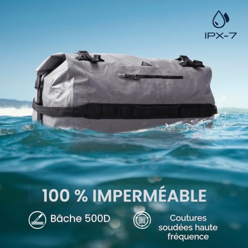 Haimont Sac à dos étanche de 60L avec fermeture à rouleau - Sac de voyage robuste pour canoë, bateau, voyage, moto, kayak, camping, gris, 60L – vue 2