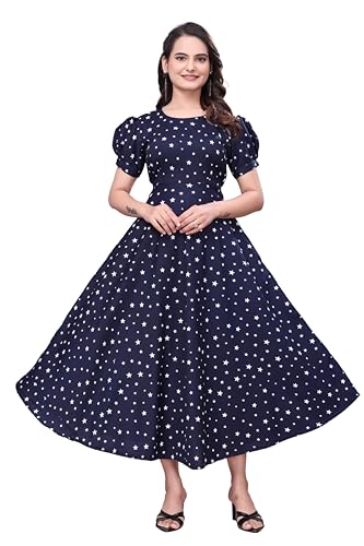 Image of Women's A-Line Crepe Maxi Dress | Stylish Fit and Flare Dress with Round Neck Short Puff Sleeves for Casual Wear