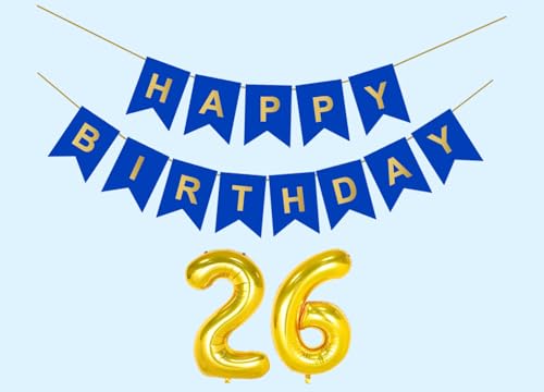 Image of 26th Happy Birthday Decoration Kit Dark Blue for 26 year Old Boys Girls Women with Number Twenty-six Party Decorations Decor Celebration Items Item Set Combo Reusable Paper Banner