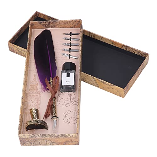 羽ペン 万年筆 羽毛ペン フェザー 羽根セット 羽飾り 署名 サイン 筆立て 書道 手帳 軽量 交換可能な先 ボックス付き プレゼント (紫)