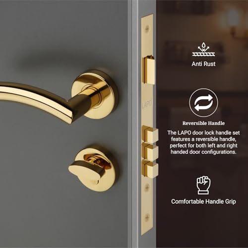 Image of LAPO Mortise Door Lock for Home Main Door & Bedroom with Handle - 50x85mm Body - 3 Brass Keys - Heavy-Duty 70mm Cylinder - Left-Right Fit 30-50mm Door Home Office Hotel | Gold Finish | CMH-5T