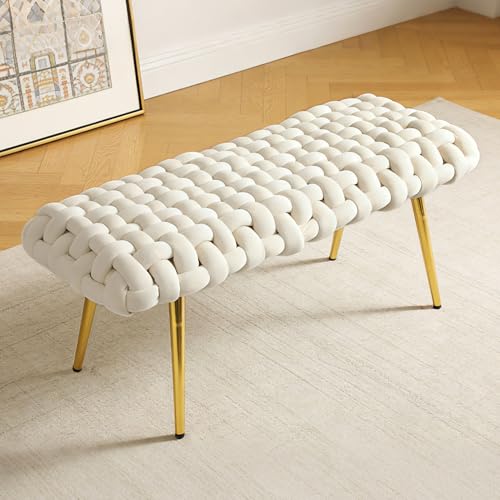 T-ZBDZ Banc Bout de Lit Banquette Rembourré en Velours, Banc d'entrée Capitonnée Assise, 110 x 46 x 46 CM, Pieds en Métal Doré, Ottoman pour Entrée Salon...
