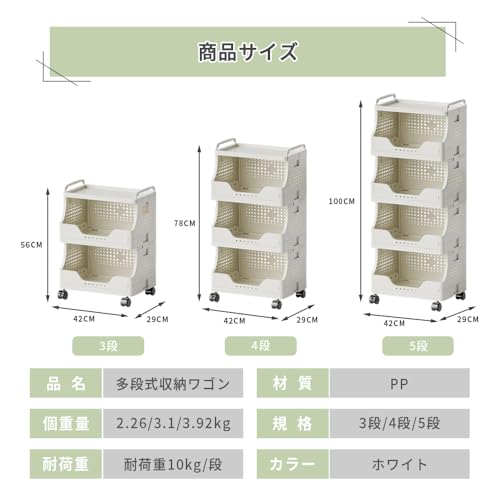 収納ワゴン キャスター付き キッチンワゴン 折りたたみ可能 キッチン収納 3段 サイド/リビング/オフィス/ランドリー兼用 隙間収納対応 移動便利 組立簡単 日本語説明書付き