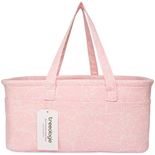 Baby Diaper Caddy Organizer Basket for Nursery Changing Table - Car Storage Tote Bag for Nappy, Diapers, and Wipes - Newborn Registry Shower Gift for Girl and Boy Must Haves - Travel Bin (Pink)