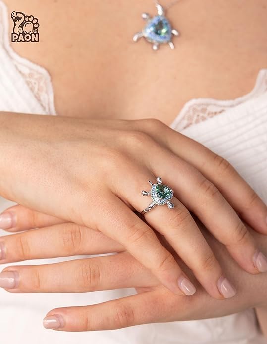 925 Sterling Silver Turtle Ring with Blue Crystal Cubic Zirconia Platinum Plated Bithday Mother's Day Ocean Theme Jewelry gift for Women Mom and Daughter 8# - Image 2