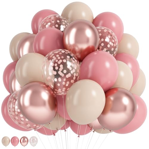 Jobkoo Dusty Blush Pink Balloons, Retro Pink Metallic Chrome Rose Gold Confetti White Sand Nude Balloon Dusty Rose Apricot Beige Party Balloons for Birthday Boho Mothers Day Baby Shower Decorations