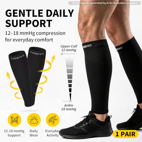 CAMBIVO Calf Compression Sleeves for Women Men, 12-18mmHg, Black — view 2