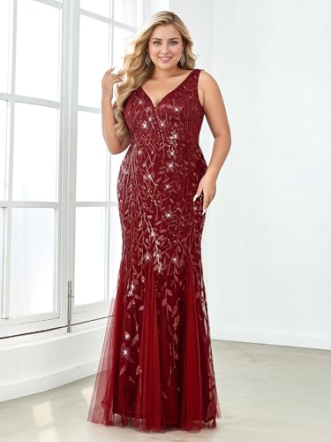 Image of Ever-Pretty Plus Sequin Formal Dresses Sleeveless V Neck Mermaid Ball Gowns Plus Size Prom Dress