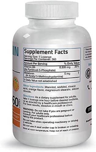 Bronson Melatonin 5mg Fast Dissolve Orange Flavor Tablets with Vitamin B6 - Promotes Relaxation, 360 Vegetarian Chewable Lozenges