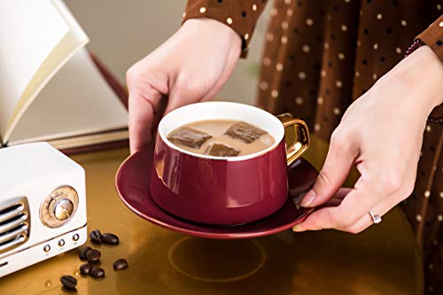 Set Of 6 (8.5 Oz) Cups And Saucers With Gold Trim And Gift Box, Luxury Tea Cup Set, Esspresso Cup, Cappuccino Cups, British Tea Set, Porcelain Tea Cups, Latte Cups, Espresso Mug, Mocha Cup Set(Red) #TOP5