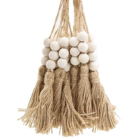VAPKER 20Pcs Wood Beads Tassels Natural Jute Style Tassel Hemp Rope Tassels 3 Wooden Beads for Decorations and Party DIY Cover