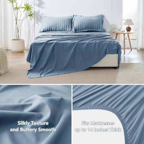 Image of HIMEET Oversized Queen Comforter Set - 7 Pieces Seersucker Bed in a Bag, Boho Bedding Set for Bedroom Decor, All Season Home Essential Bed Set with Comforter, Sheets, Pillowcases & Shams, Grayish Blue