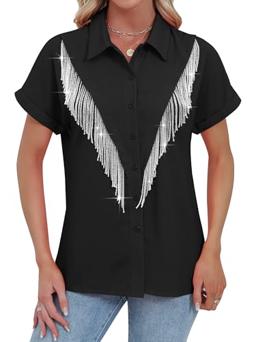 MYMORE Women's Western Cowgirl Sparkly Fringe Button Down Shirt Rolled Cuffed Short Sleeve Shirt Country Concert Outfit3