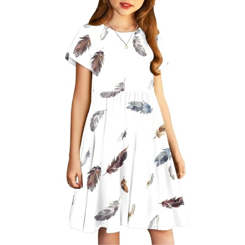 Girls Feather Printed Cute Summer Dress Casual Crewneck Short Sleeve A-line Swing Loose Knee Lenght Dress for 4-14Y3