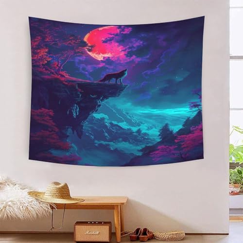 Décoration murale loup 3D colorée pour masquer un mur vide sans peinture dans un appartement