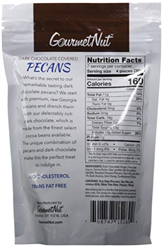 Gourmet Nut Dark Chocolate Covered Pecans, 52% Cacao, Vegan, Non-Dairy, Premium Dark Chocolate, 7 Oz (Pack Of 1)