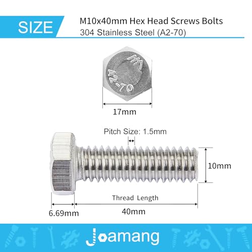 Image of M10-1.5 x 40mm 10Pcs Hex Bolts, Hexagon Head Screws, 304 Stainless Steel(A2-70), Metric Fully Thread, Bright Finish
