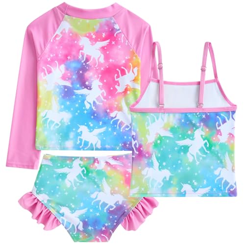 Image of Funnycokid Girls Swimsuit 3 Pieces Long Sleeve Rash Guard Set Tankini Bathing Suits Summer Kids Swimwear 3-10 Years
