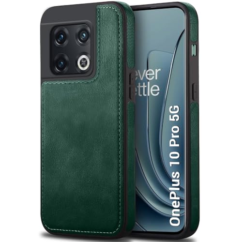 Image of TheGiftKart Genuine Leather Finish Back Cover Case for OnePlus 10 Pro 5G | Shockproof Design | Raised Edges for Camera & Screen Protection | Stunning Minimalist Design Back Case Cover (Green)