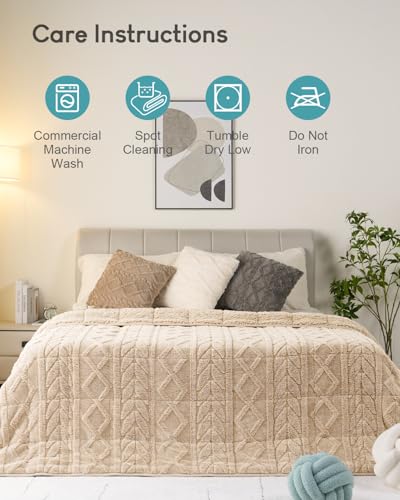 Image of Cottonblue Jacquard Weighted Blanket 15 lbs for Adults Queen Size, Ultra Soft Sherpa Fleece Blanket for Relax and Sleep, Cozy Comfort Heavy Bed Blankets with Glass Beads, 60x80 Inches, Beige