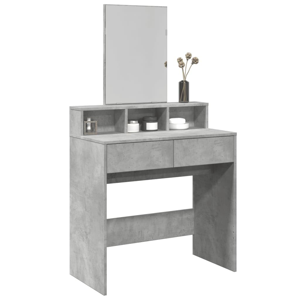 Tocador con espejo gris hormigón 80 x 41 x 144,5 cm, material de madera con 2 cajones, 3 compartimentos, almacenamiento para dormitorio, habitación de niñas, ahorra espacio para peinar y