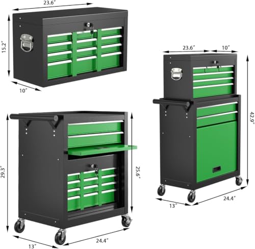Image of 8-Drawer Rolling Tool Chest Tool Box,Removable Tool Storage Cabinet with 4 Wheels and Drawers,2 in 1 Portable Toolbox Organizer, Tool Chest with Lockable Drawer Gifts for Men (Black&Green)