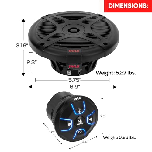 Image of Pyle 6.5'' Dual Marine Speakers Kit - Waterproof-Rated w /Amplified Bluetooth Remote Control Receiver for Powersport Vehicles, IP65 Marine Grade Rating, 600 Watt Max Power PLMRKT8 (Pack of 4)