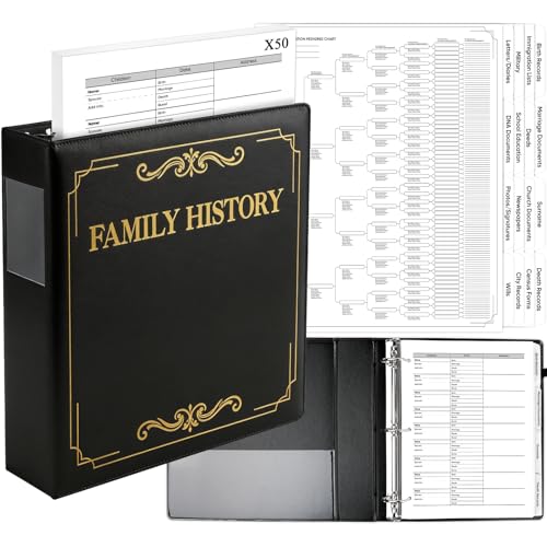 Family History Binder 3 Ring 50 Families Group Sheets 8th Generation Family Tree Chart 16 Sheets Genealogy Binder Black Cover Genealogy Organizer Supplies with Pen Loop PVC Pocket for Families History