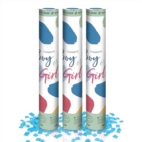 3 Unidades - Cañón Confeti Revelación de Género Azul 30 cm, baby shower, Decoración, niño.