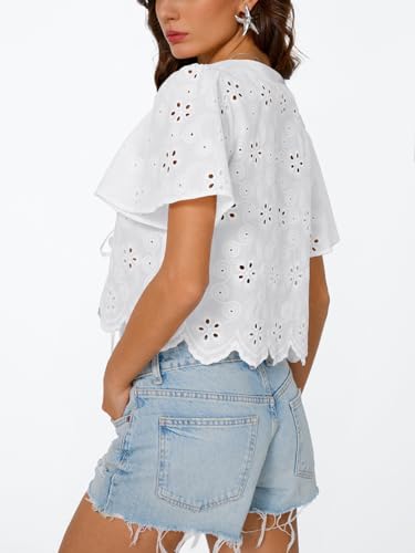 Trendy Queen Womens Tie Front Tops Summer Beach Vacation 2025 Fashion Outfits Loose Fit Blouses Eyelet Embroidered Clothes4