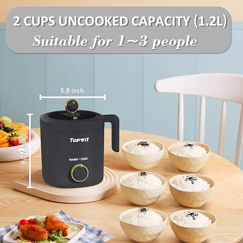 TOPWIT Rice Cooker Small, 2-Cups Uncooked, 1.2L Mini Rice Cooker with Non-stick Coating, BPA Free, Portable Rice Maker with One Touch & Keep Warm Function, Grey by TOPWIT - Image 3
