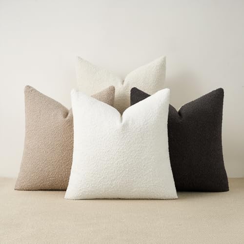 Topfinel Neutral Grey Boucle Throw Pillow Covers 18x18 Inches Set of 4 Contrast Color Modern Living Room Decorative Cushions with Linen Cotton Backing Minimalist Chair Sofa Couch Home Style