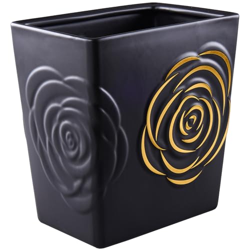 Black Ceramic Trash Can with Gold Rose – 2.5 Gallon