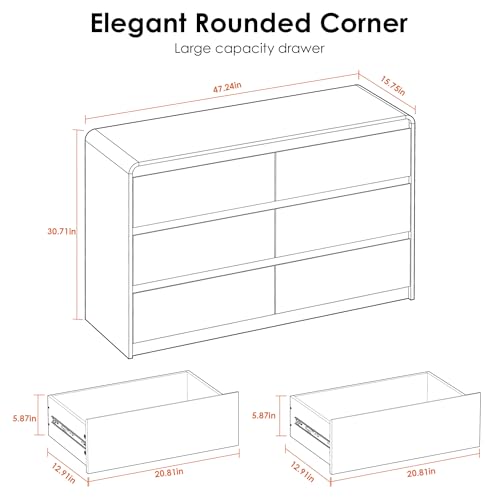 Image of Oransail 6 Drawer Dresser, 47 inch Wide Walnut Dresser Chest of Drawers, Curved Anti-Collision & Anti-Tipping Design, Mid Century Modern Wooden Dresser for Bedroom, Living Room, TV Stand