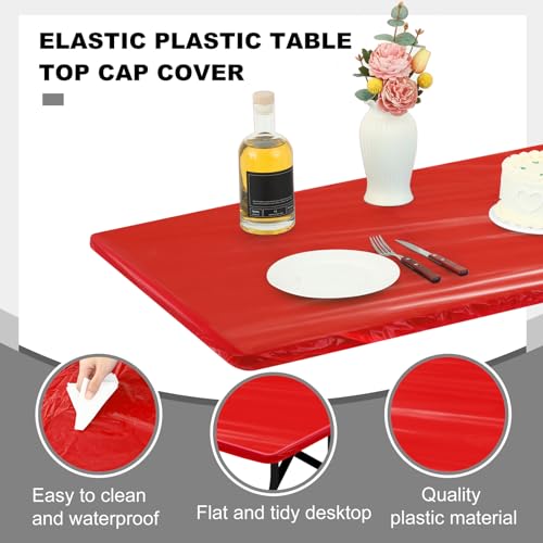 Image of Boao 12 Plastic Elastic Fitted Tablecloths, 6 Ft, 72 x 30 Inch, Red