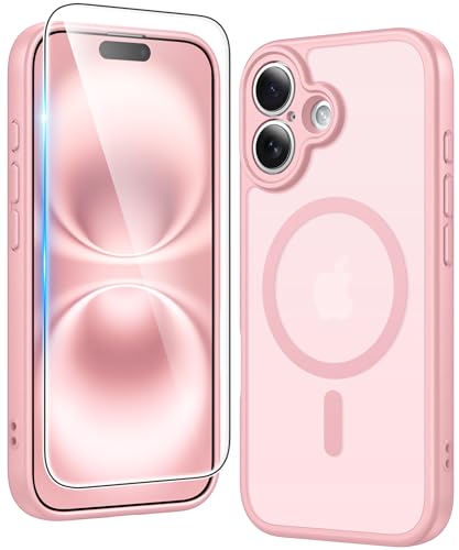 Image of FNTCASE for iPhone 16 Case Matte: Magnetic Phone Cases with Screen Protector Drop Proof Compatible with Magsafe Slim Anti Yellowing Rugged Shockproof Protective Translucent Cell Cover (C-Pink)