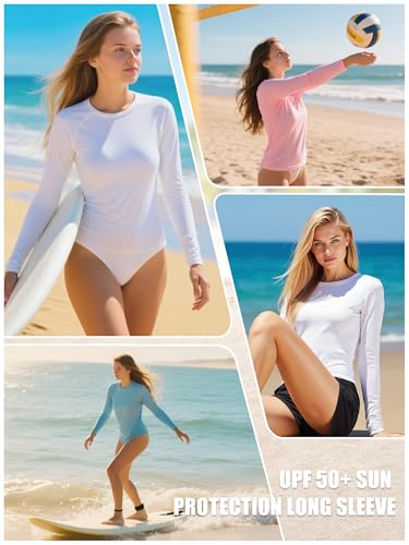 Damen Rash Guard UPF 50+ Sonnenschutz Langarm T-Shirts Leichte, schnell trocknende SPF UV Schwimm Shirts Weiß 02-S