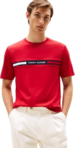 Tommy Hilfiger Herren T-Shirt Kurzarm Rundhalsausschnitt, Mehrfarbig (Medium Red), L