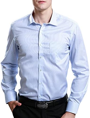Maiyifu-GJ Men's Long Sleeve Button Down Shirts Solid Cotton Lightweight Slim Fit Shirts Classic Stylish Business Dress Shirt (Light Blue,3X-Large)