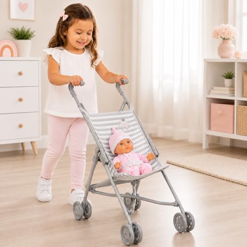 Image of JC Toys Boutique | Folding Umbrella Doll Stroller for Children 2 Years Plus, Grey Stripes and Soft Embroidery | Sturdy Metal Frame | Pretend Play with Dolls up to 18 inch Long | Seat Belt