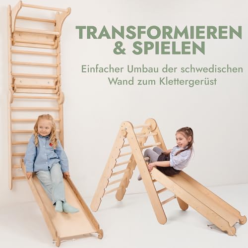 Goodevas 6-in-1 Holz Schwedenwand & Rutschensatz – Vielseitiges Indoor Kletterdreieck Set für Kinder mit Leiter, Rutsche, Monkey Bars – Perfekt für 2 bis 12 Jährige