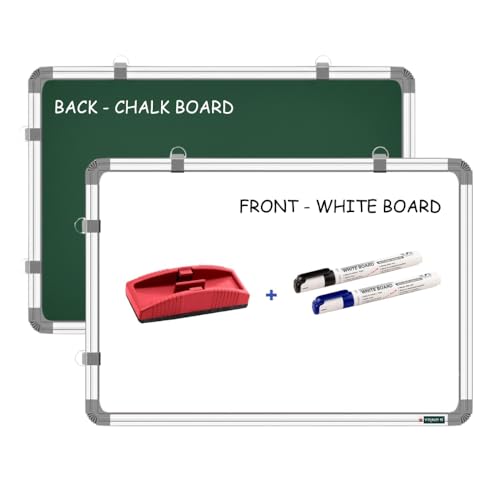 Image of YAJNAS White Board 1.5X2 Feet Non-Magnetic Double Sided Whiteboard & Chalkboard Both Side Writing Board with 2 whiteboard Markers + 1 White Board Duster - Set of 4 Items