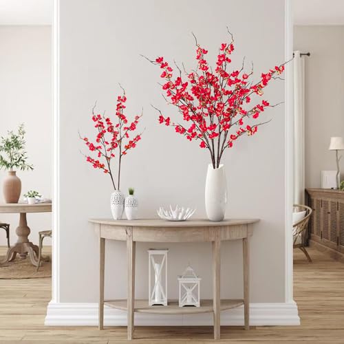 Sggvecsy Artificial Plum Blossom Flowers 4 Pcs Faux Cherry Blossom Stems Faux Silk Plum Blossom Branches 36.2’’ Fake Flowers Long Stems for Vase Arrangements Home Wedding Table Decor (Red)