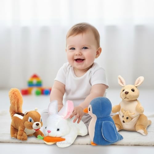 Image of Combo of 4 Animals Soft for Playing Soft Toy Squirrel, Kangroo, Penguine & Rabbit .All Best Stuff Toys for Kids (Enjoy) Playing Birthday Gift (25cm)