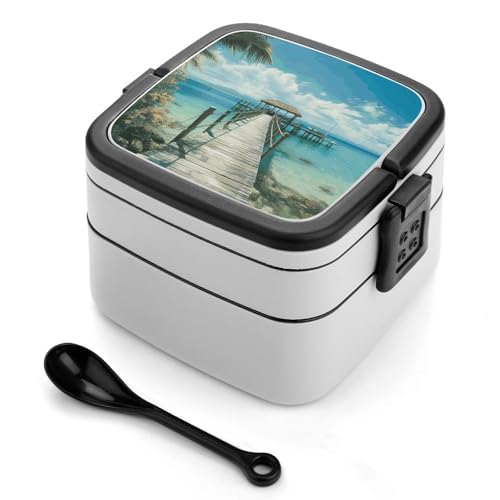 Rrtsmsgh Tropical Pier Bento Box with Spoon, 2-layer Stackable Lunch Box Leak Proof with Invisible Handle, Insulated Food Storage for Office, Picnic & Travel