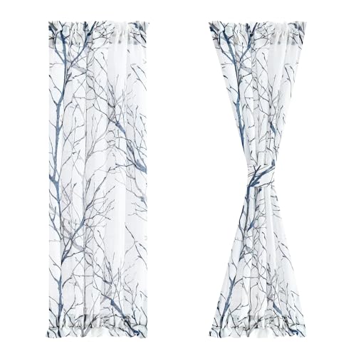 FMFUNCTEX Sidelight Sheer French Door Curtains 72 Inches Long White, Blue and Grey Print Branch Semi-Sheer Door Panels for Front Patio Door 24 Inches Wide 2 Panels Set