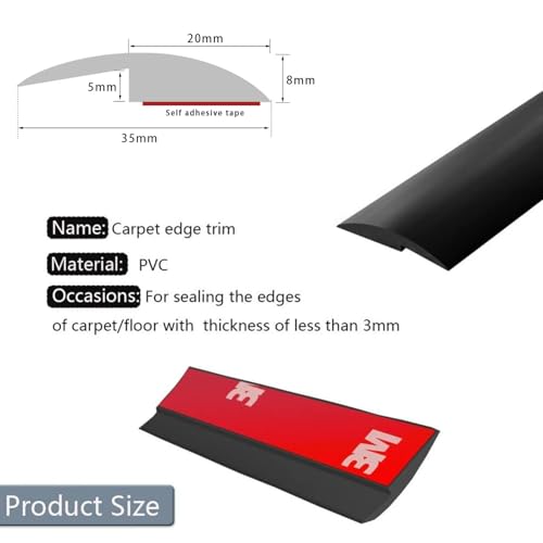2 m schwarze Teppichverkleidung, selbstklebend, PVC-Laminat, Boden, Tür, Tür, Übergang, Schwellenstreifen, Fliesenkanten, Gummiboden-Randstreifen (Abdeckhöhe innerhalb von 5 mm)