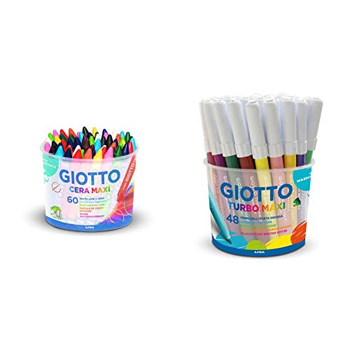 Giotto 519200 Barattolo Pastelli Formato Gigante Per Pastelli A Cera, 11,5 Mm, Confezione Da 60 & Turbo Maxi 521400 Pennarelli, Punta Larga, 5Mm, Confezione Da 48