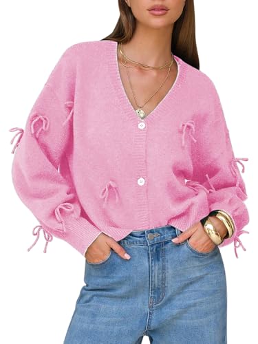 EXLURA Womens Fall Fashion Bow Cardigan Sweaters Long Sleeve Chunky Knit Open Front Button Outwear Trendy Winter Coats 2025